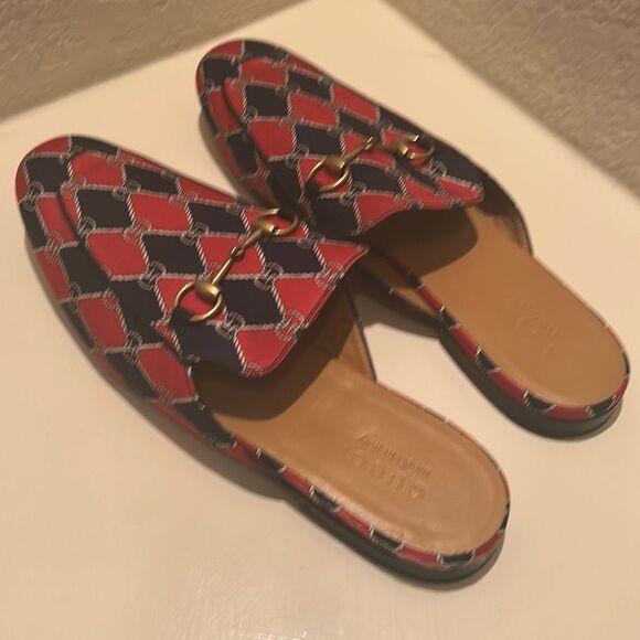 Gucci Men's Size 11.5 Princetown Mule Slides Blue Red Diamond Pattern Horsebit - Picture 4 of 13